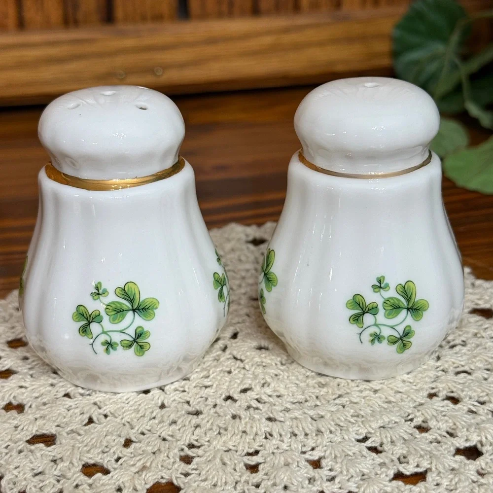 Erin China Salt and Pepper Shakers White Excellent Shamrock Gold Trim